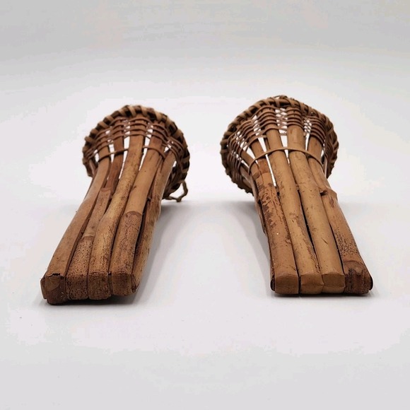 Vintage Natural Handwoven Burnt Bamboo Wall Pocket Pair of Rattan Style Sconces - Picture 3 of 8